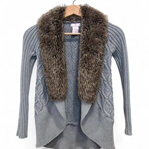 Y2K Faux Fur Collar Cable Knit Cropped Cardigan Grey XXS